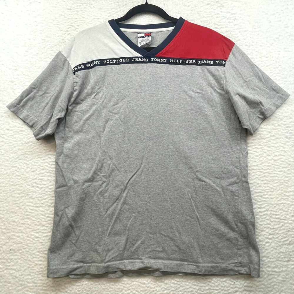 Vintage Tommy Jeans Shirt Mens Large Gray Red Blue Hilfiger 90s V Neck Retro